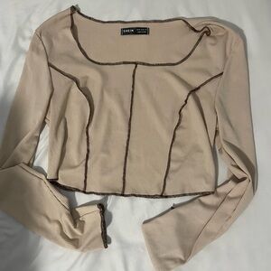 SHEIN Tan Long Sleeve Blouse with Brown Trim